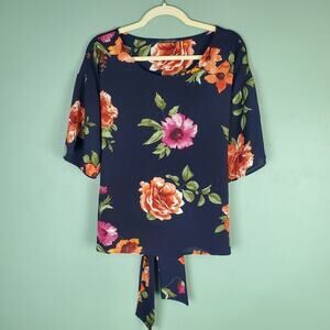 West Kei Julianne Tie Front Floral Navy Blue Blouse Size Medium